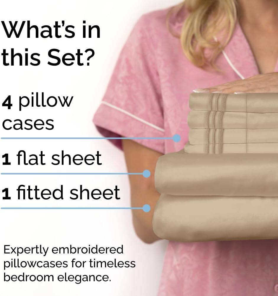 What's in this Set?  
4 pillow cases  
1 flat sheet  
1 fitted sheet  

Expertly embroidered pillowcases for timeless bedroom elegance.