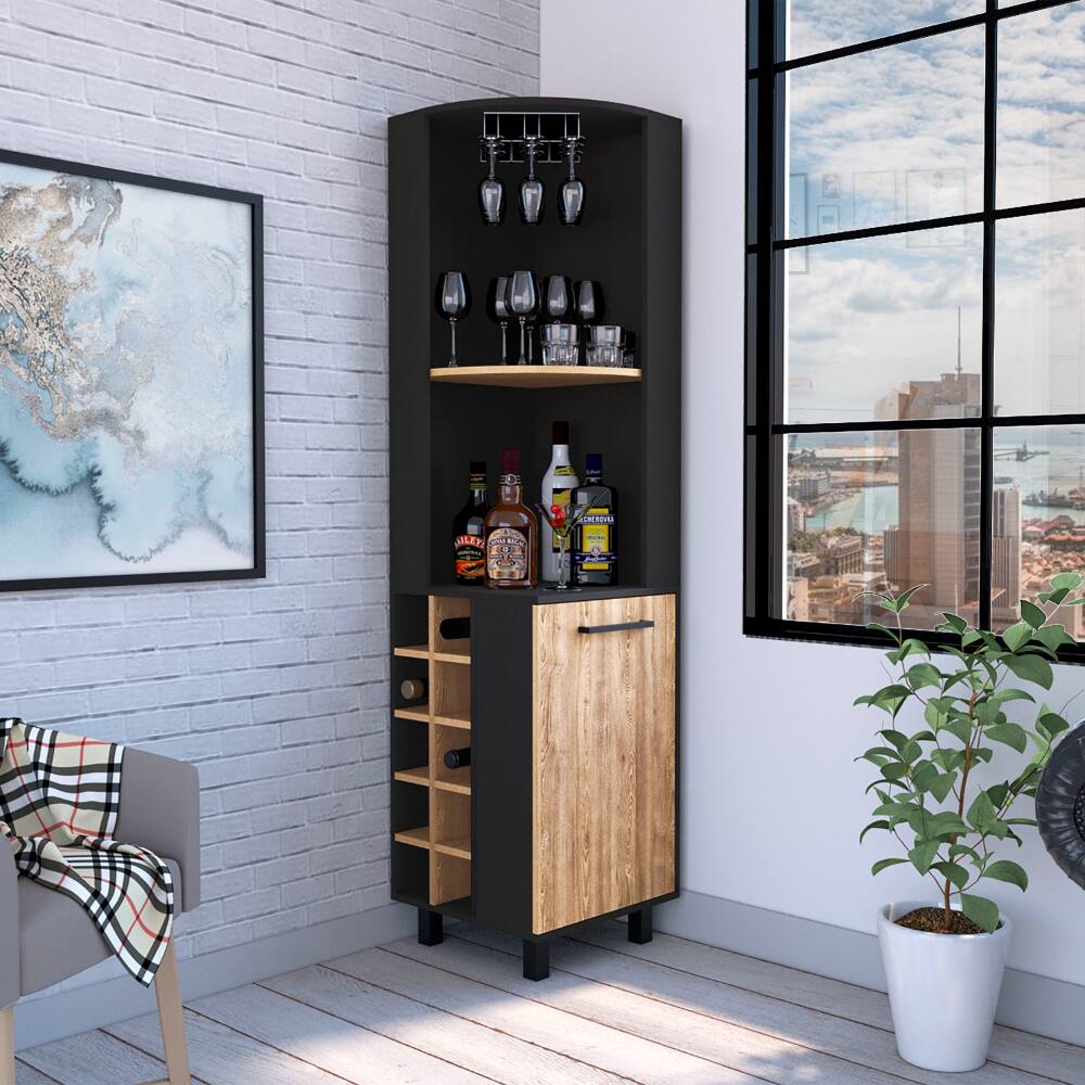 TinyHomie - Kaia Corner Bar Cabinet Two Shelves Ten Built-in Wine Rack Single Door Cabinet Two interior Shelves