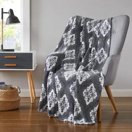 Front. Olivia Gray - Oliva Gray Ogee Printed Flannel Throw - 50x60" Grey - Grey.