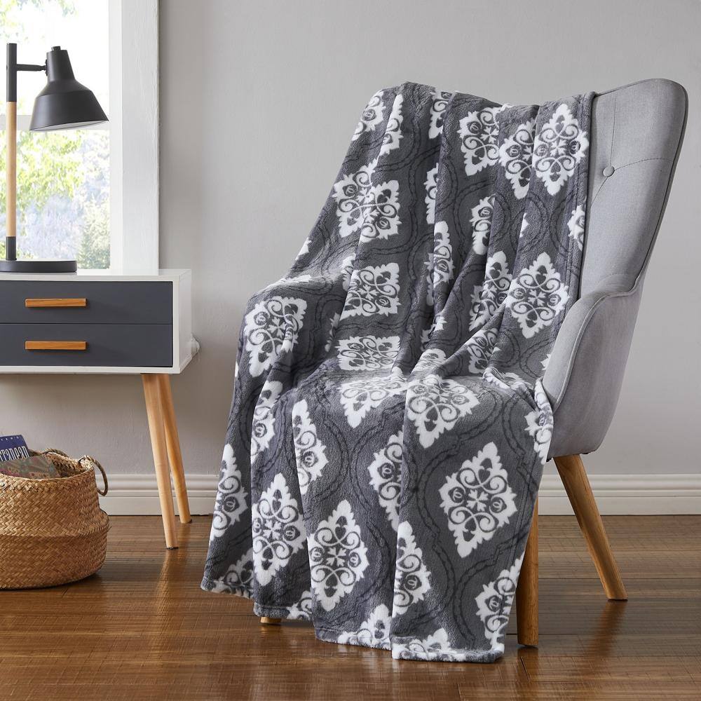 Front. Olivia Gray - Oliva Gray Ogee Printed Flannel Throw - 50x60" Grey - Grey.