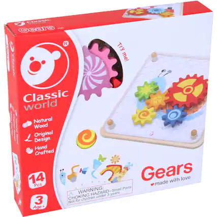 Classic world Gears 3585
Try me!
Natural Wood
Original Design
Hand Crafted
14 Pcs
WARNING: CHOKING HAZARD--Small Parts. Not for children under 3 years.
3 Age+