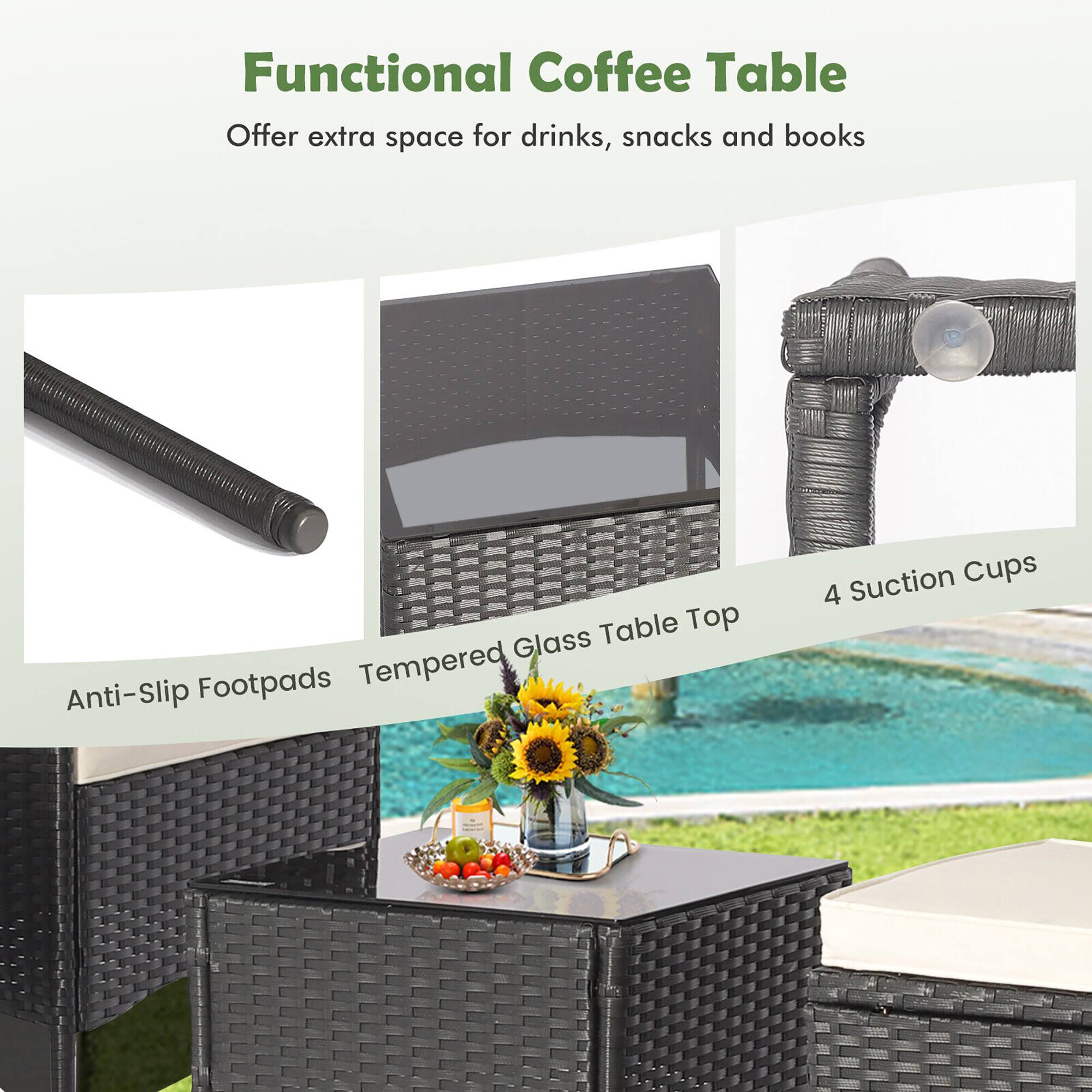 Functional Coffee Table, Offer extra space for drinks, snacks and books, Table Top, Tempered Glass, Anti-Slip Footpads, Suction Cups, 4