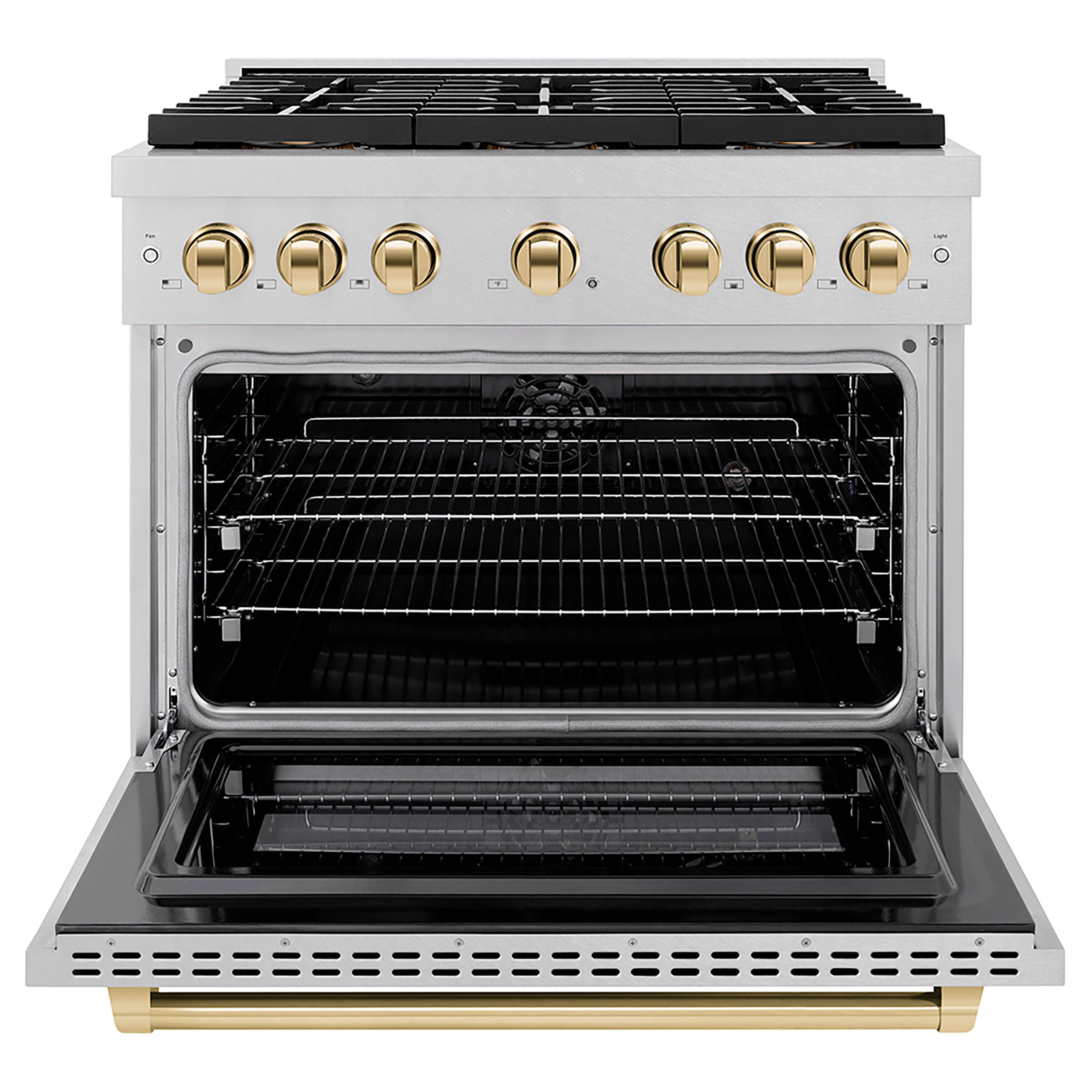 Angle. ZLINE - Autograph 36 in. 5.2 cu. ft. Freestanding Paramount Dual Fuel Range w/ DuoPro Cooktop in Satin Steel & Gold Accents - Stainless Steel.