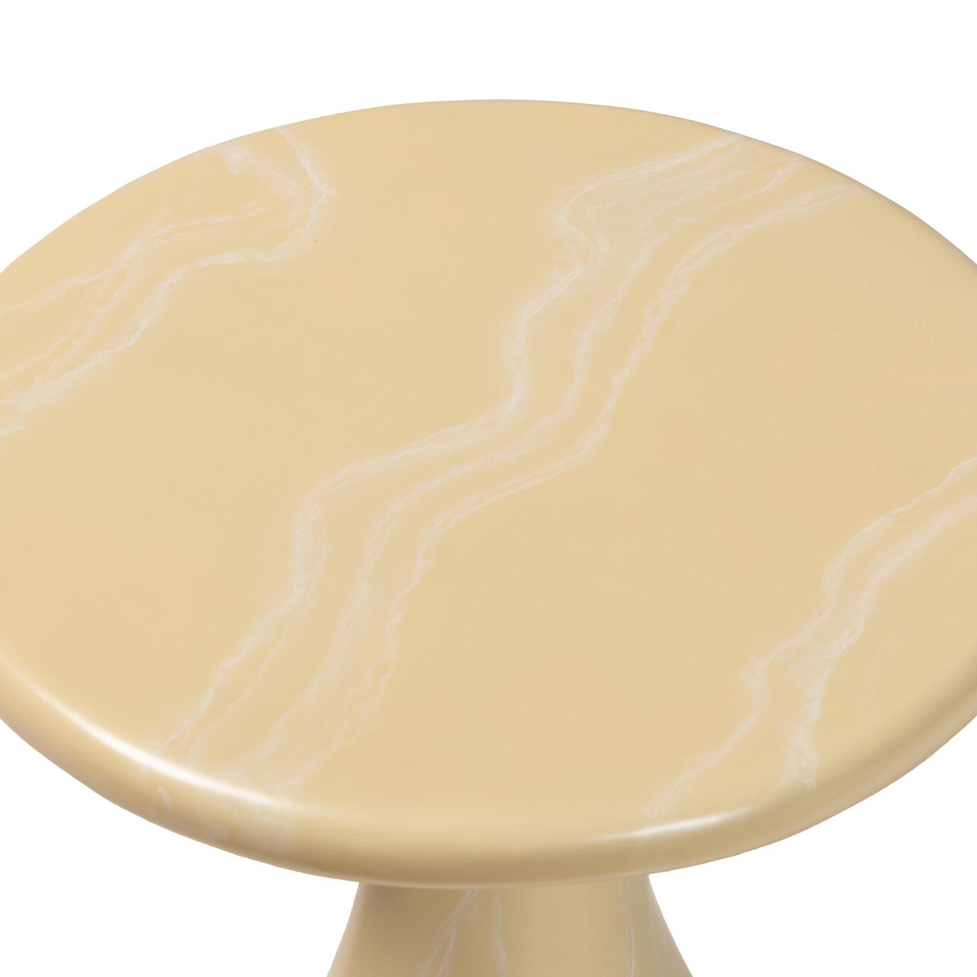 Left. bali & pari - Aponi Marbled Resin End Table - Sculptural Side Table with Round Top and Pedestal Base, Cream - Cream.