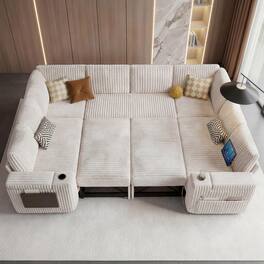 Dyonery - 112” Modular Sectional Sofa with Storage, U Shaped Couch for Living Room, 8-Seat Corduroy Deep Seat Sofa. - Beige