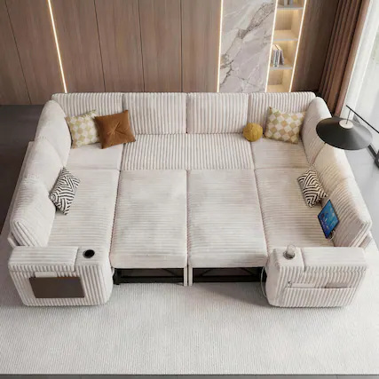 Front. Dyonery - 112” Modular Sectional Sofa with Storage, U Shaped Couch for Living Room, 8-Seat Corduroy Deep Seat Sofa. - Beige.