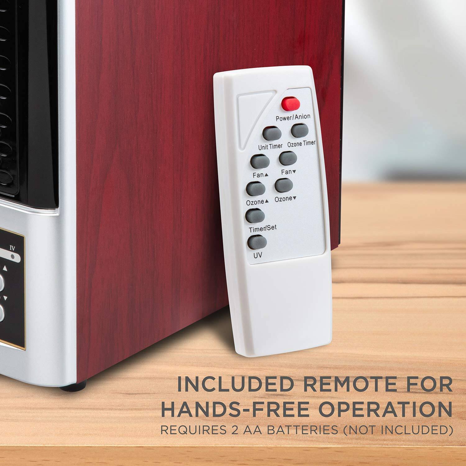 Power/Anion  
Anion  
Ozone Timer  
Unit Timer  
Fan  
Fan  
Ozone  
Ozone Timer/Set  
TV  
UV  

INCLUDED REMOTE FOR HANDS-FREE OPERATION  
REQUIRES 2 AA BATTERIES (NOT INCLUDED)