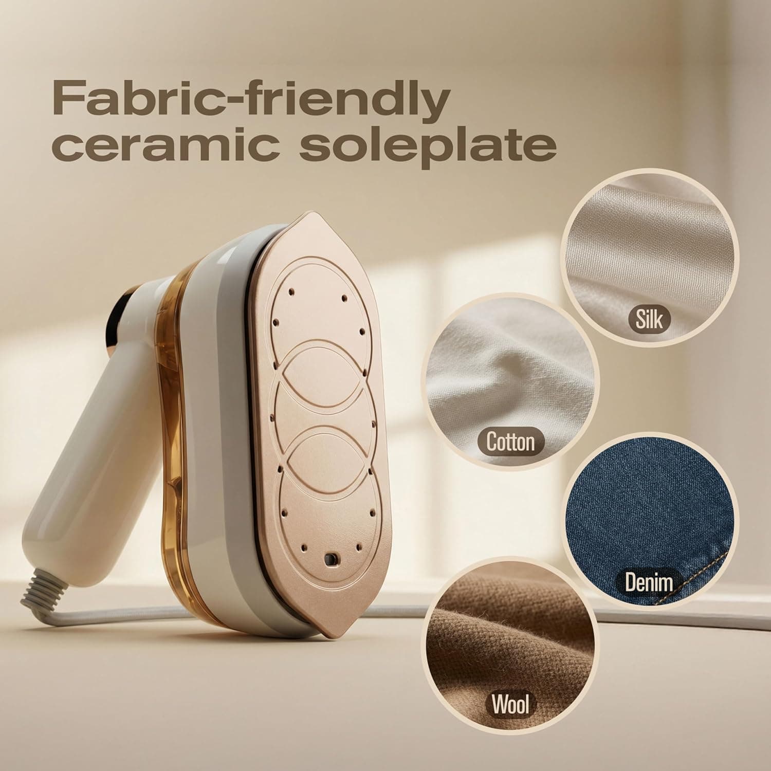 Fabric-friendly ceramic soleplate

Silk  
Cotton  
Denim  
Wool