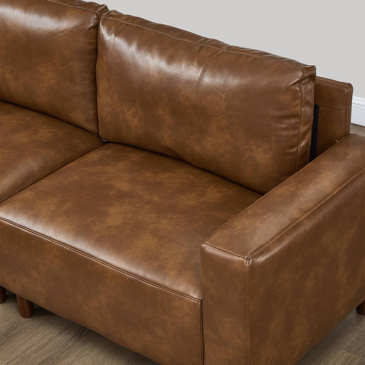 Back. Ropilly - Ropilly 112 Inch Faux Leather Sofa Brown Three Seat Living Room Couch with Wood Legs - Brown.
