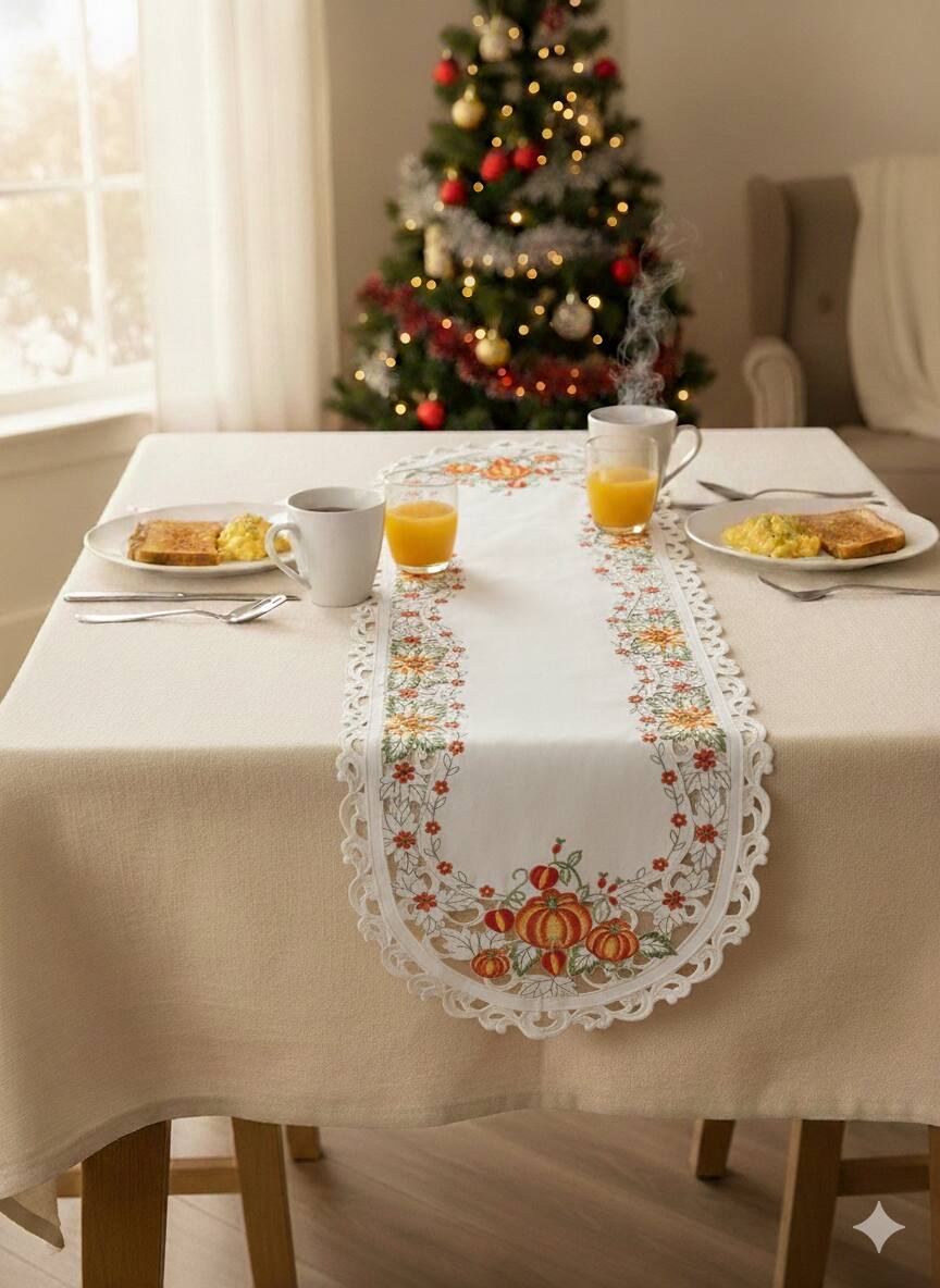 Angle. Jiallo - Pumpkin Embroidered Cutwork Rectangular Table Runner, 15 by 70  inch Table Linen - Beige.