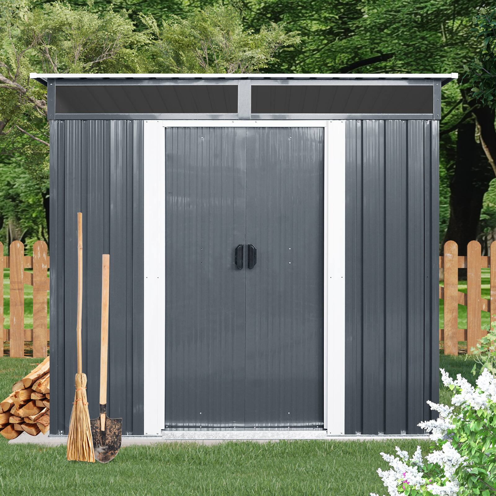 Angle. Mondawe - 6ft x 5ft Outdoor Metal Storage Shed with Window and Transparent plate - Black White.