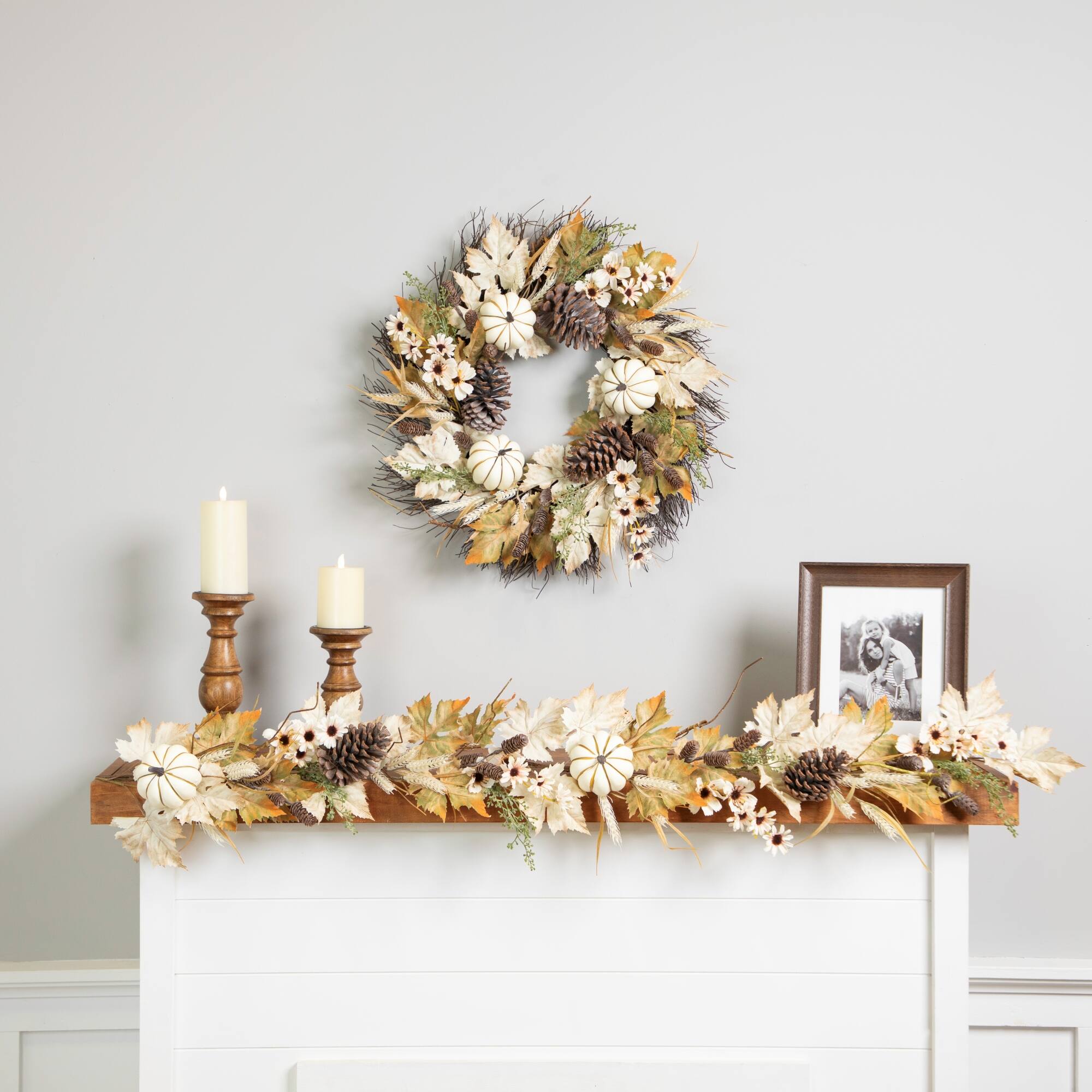 Alt View 3. Northlight - Pumpkin, Wheat and Pinecone Artificial Floral Fall Harvest Wreath - 24" - Ivory.