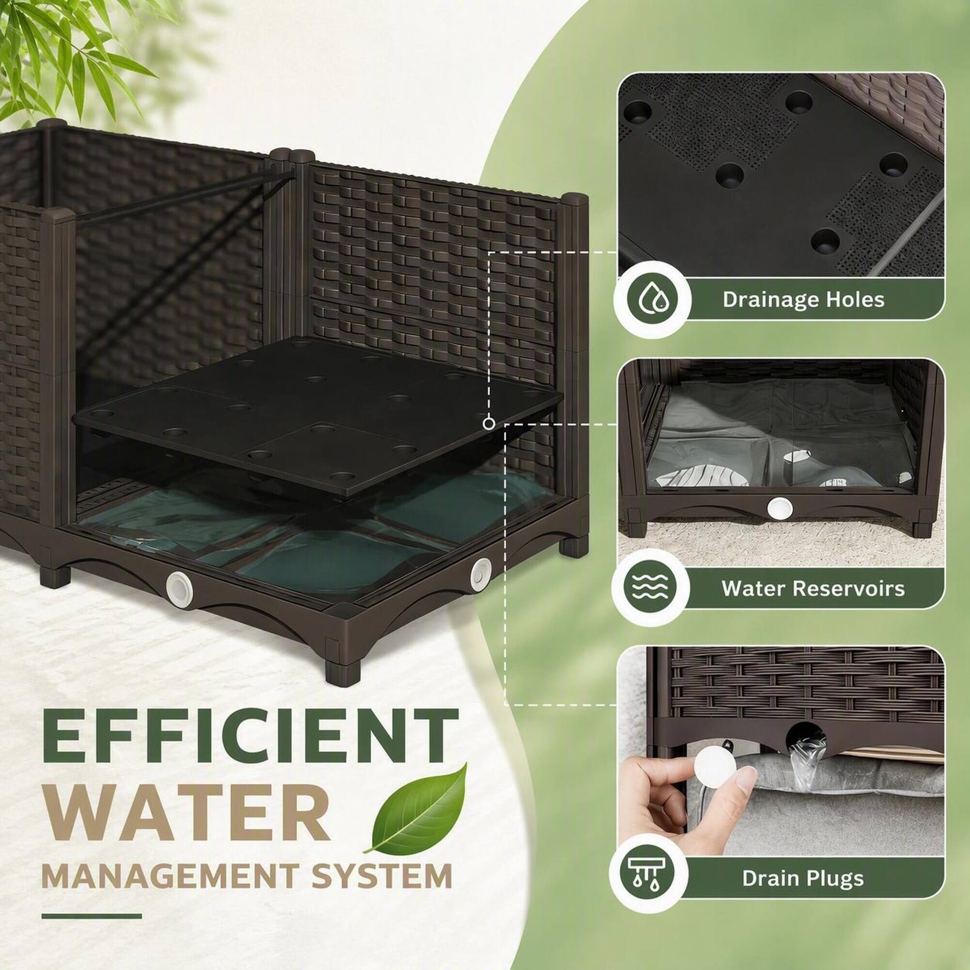 Drainage Holes  
Water Reservoirs  
EFFICIENT WATER MANAGEMENT SYSTEM  
Drain Plugs