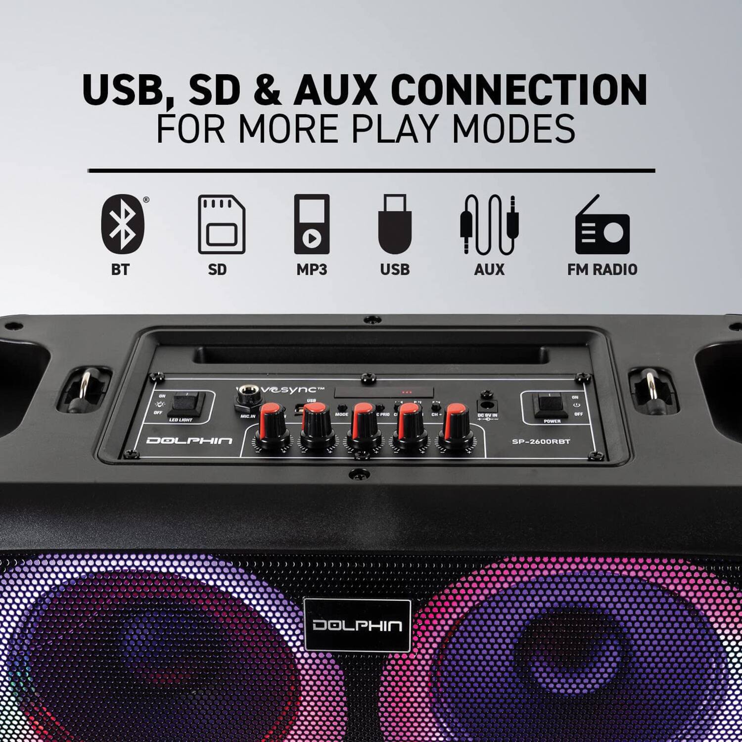 USB, SD & AUX CONNECTION FOR MORE PLAY MODES

BT SD MP3 USB AUX FM RADIO

DOLPHIN SP-2600RBT

DOLPHIN