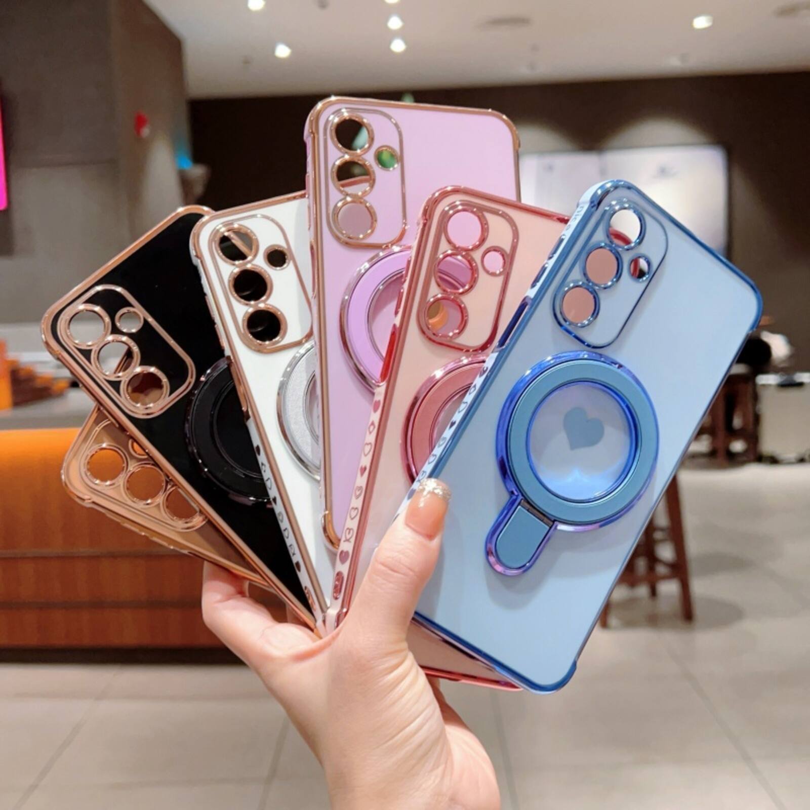 Alt View 4. UUCOVER - Magnetic Ring Kickstand Case for Samsung Galaxy A16 5G/4G Compatible with MagSafe, Electroplated Heart Pattern TPU Cover - Rose.