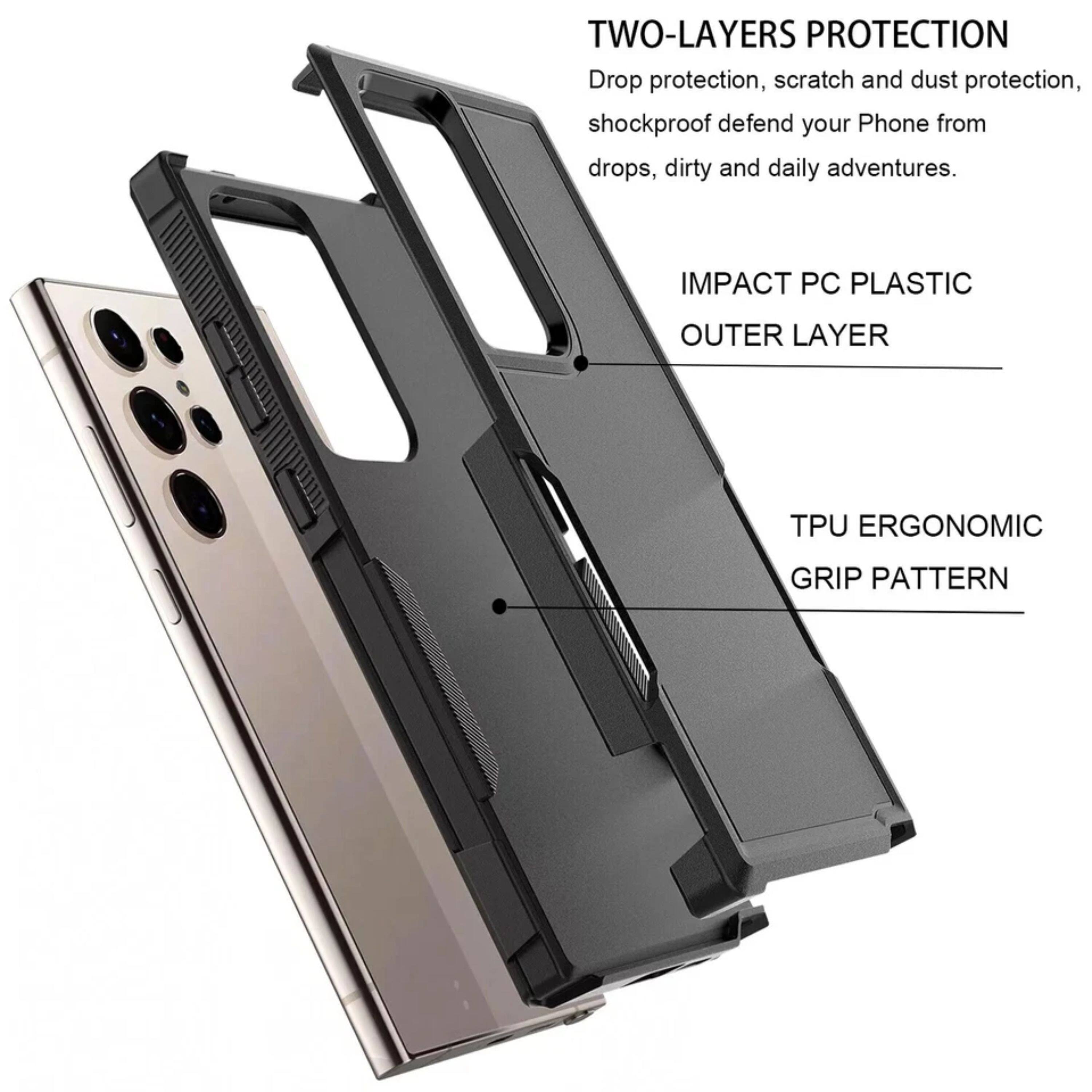 TWO-LAYERS PROTECTION  
Drop protection, scratch and dust protection, shockproof defend your Phone from drops, dirty and daily adventures.  
IMPACT PC PLASTIC OUTER LAYER  
TPU ERGONOMIC GRIP PATTERN