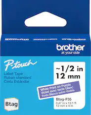 The text on the image reads: "Petouch ~1/2 in Label Tape Ruban standard 12 mm Cinta Estndar Print on Purple blanc White avec texte Violeta Violet Blanco sobre Texto Btag-F35 0.47 in X 13.1 ft Btag 12 mm X 4 m."