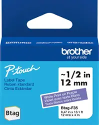 Brother - P-touch Btag BTAGF35 White on Purple Label Tape, 1/2" x 13.1' (12mm x 4m) - Front_Zoom