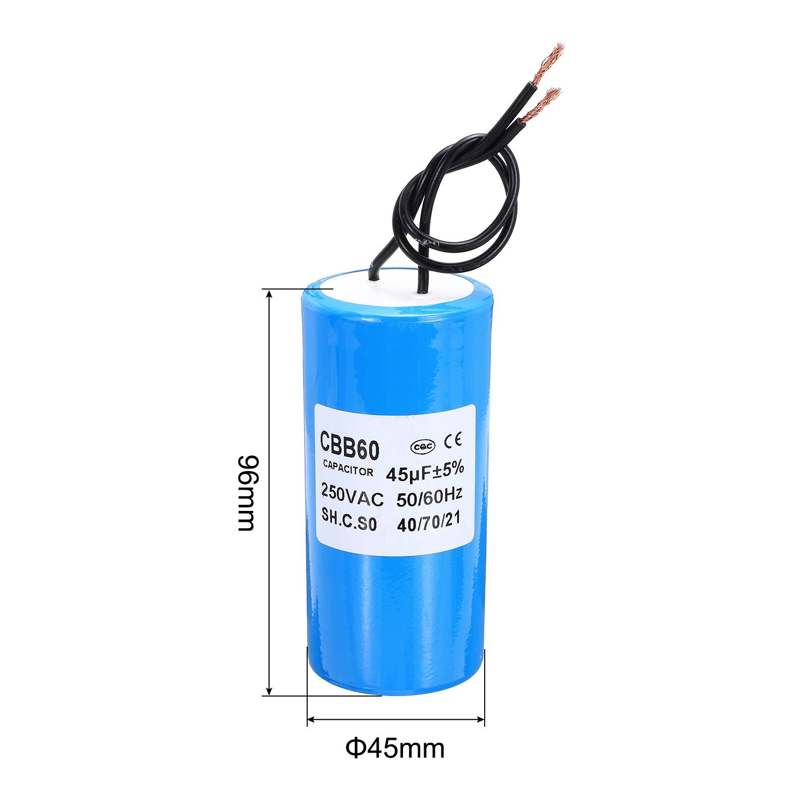 96mm CBB60 CGc CE CAPACITOR 45µF ±5% 250VAC 50/60Hz SH.C.SO 40/70/21 45mm