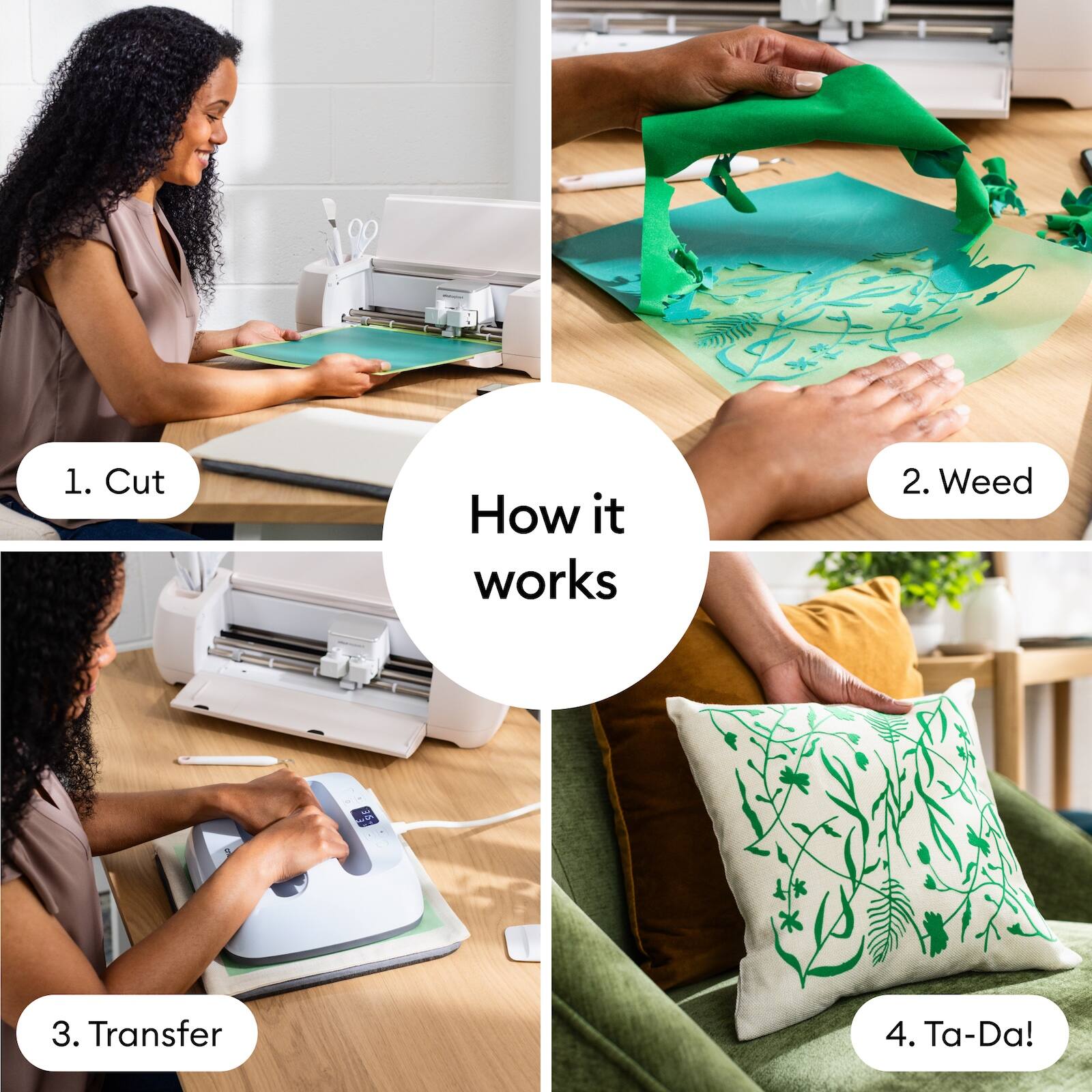 1. Cut  
2. Weed  
3. Transfer  
4. Ta-Da!  

How it works