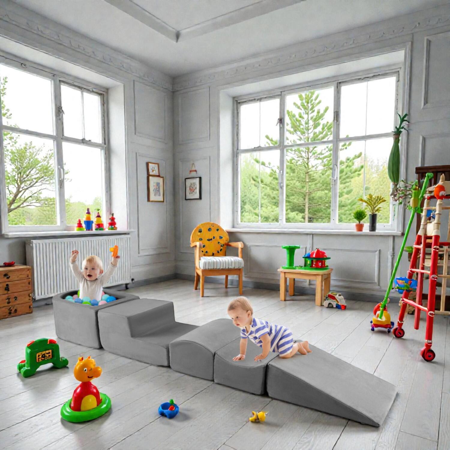 Front. BreeBe - 5-Piece Indoor Kids Playset with Climbing, Crawling, and Ball Pit - Gray.