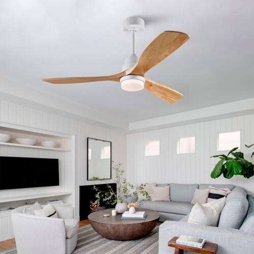 Left. LUCKY ONE - 52" Ceiling Fan with Light Remote 3 Solid Wood Blades DC Motor - Oak Natural Wood + Antique White.