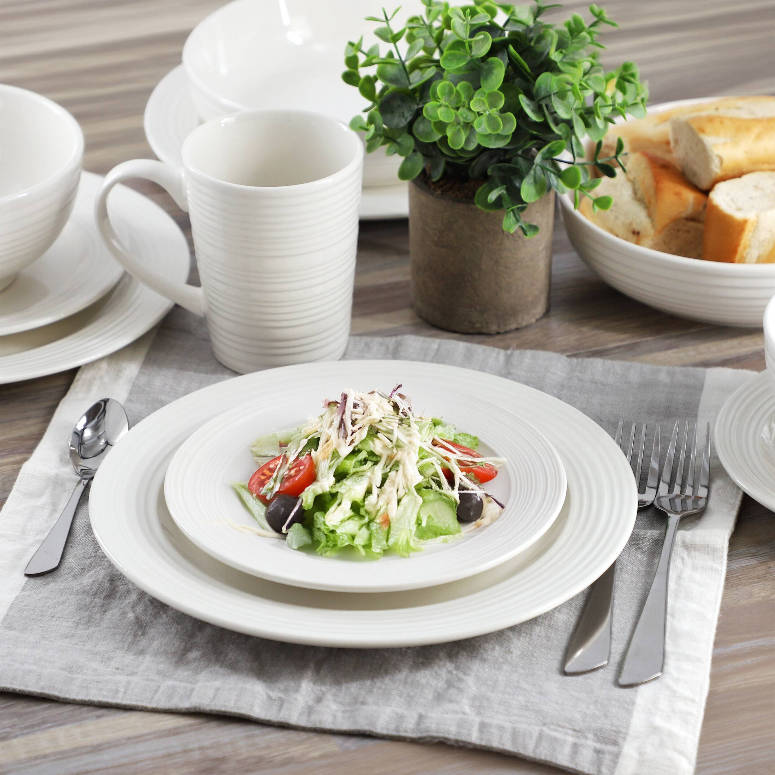 Alt View 7. Elama - Elama Nikki 18 Piece Ribbed White Porcelain Dinnerware and Serving Bowl Set - White.
