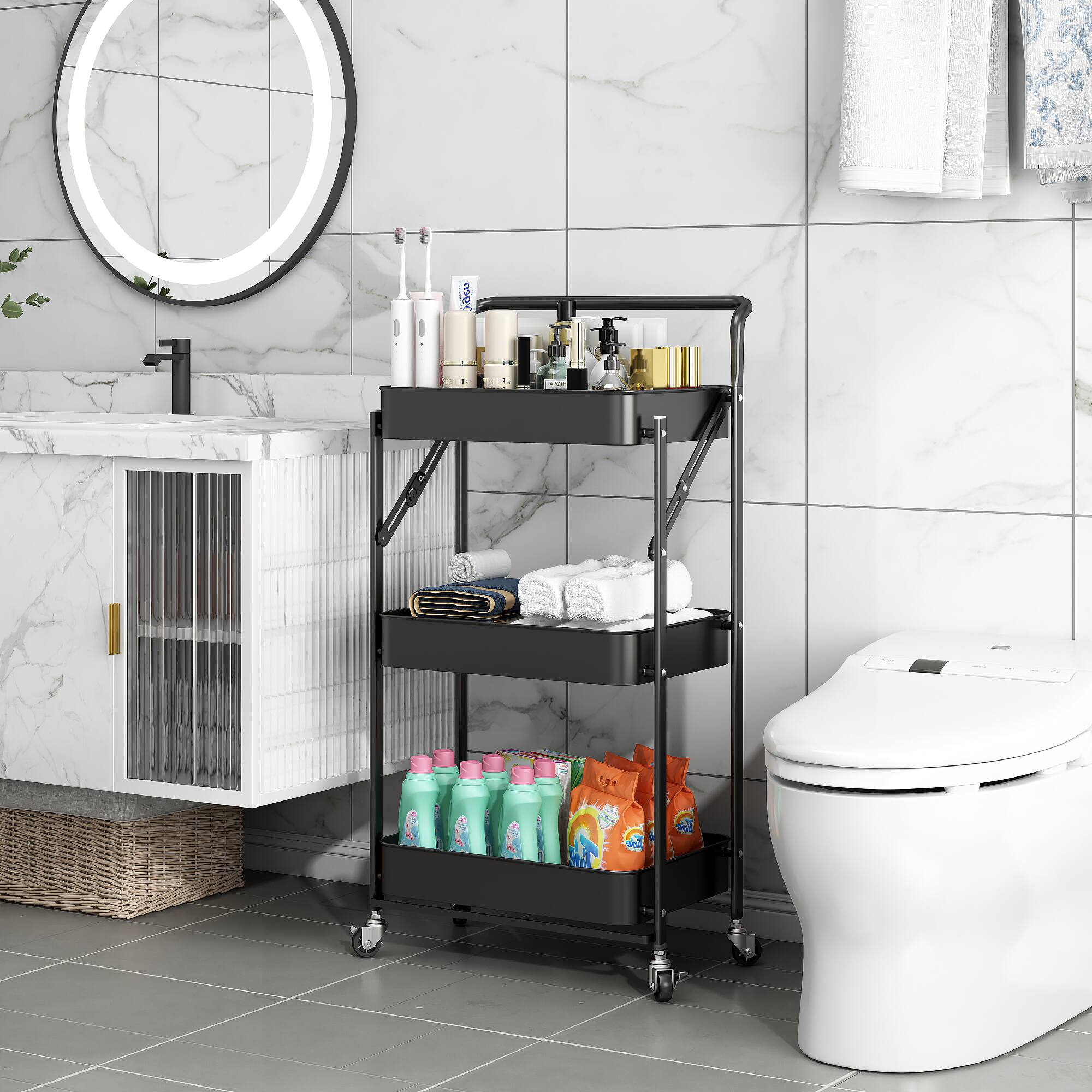 Back. Malletson - 3-Tier Foldable Rolling Cart, Storage Rack with Handle Multi-Purpose and Locking Wheels for Office, Kitchen, Bathroom - BLACK.