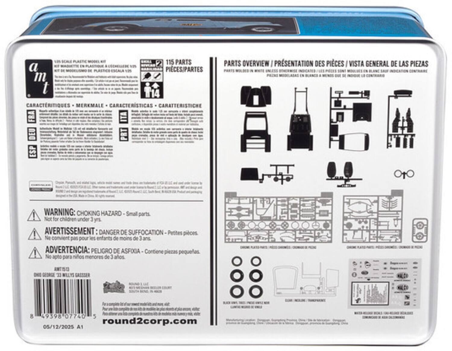 1/16 Scale Plastic Model Kit  
Kit de modèle en plastique à l'échelle 1/16  
Kit de modelo en plástico a escala 1/16  
Kit di modello in plastica a scala 1/16  
Kit de modello in plastica a scala 1/16  
Kit de modelo en plástico a escala 1/16  

115 Parts  
Pièces/Partes  
Piezas/Partes  
Teile  
Piezas  
Parti  
Piezas  

Parts Overview / Présentation des Pièces / Vista General de las Piezas  
Características - Merkmale - Características - Caratteristiche - Características  

Warning: Choking Hazard - Small parts. Not for children under 3 yrs.  
Avertissement: Danger de suffocation. Petites pièces. Ne convient pas pour les enfants de moins de 3 ans.  
Advertencia: Peligro de asfixia. Contiene piezas pequeñas. No apto para niños menores de 3 años.  

AMT 1/16  
Willys Gasser  
Kalco 8