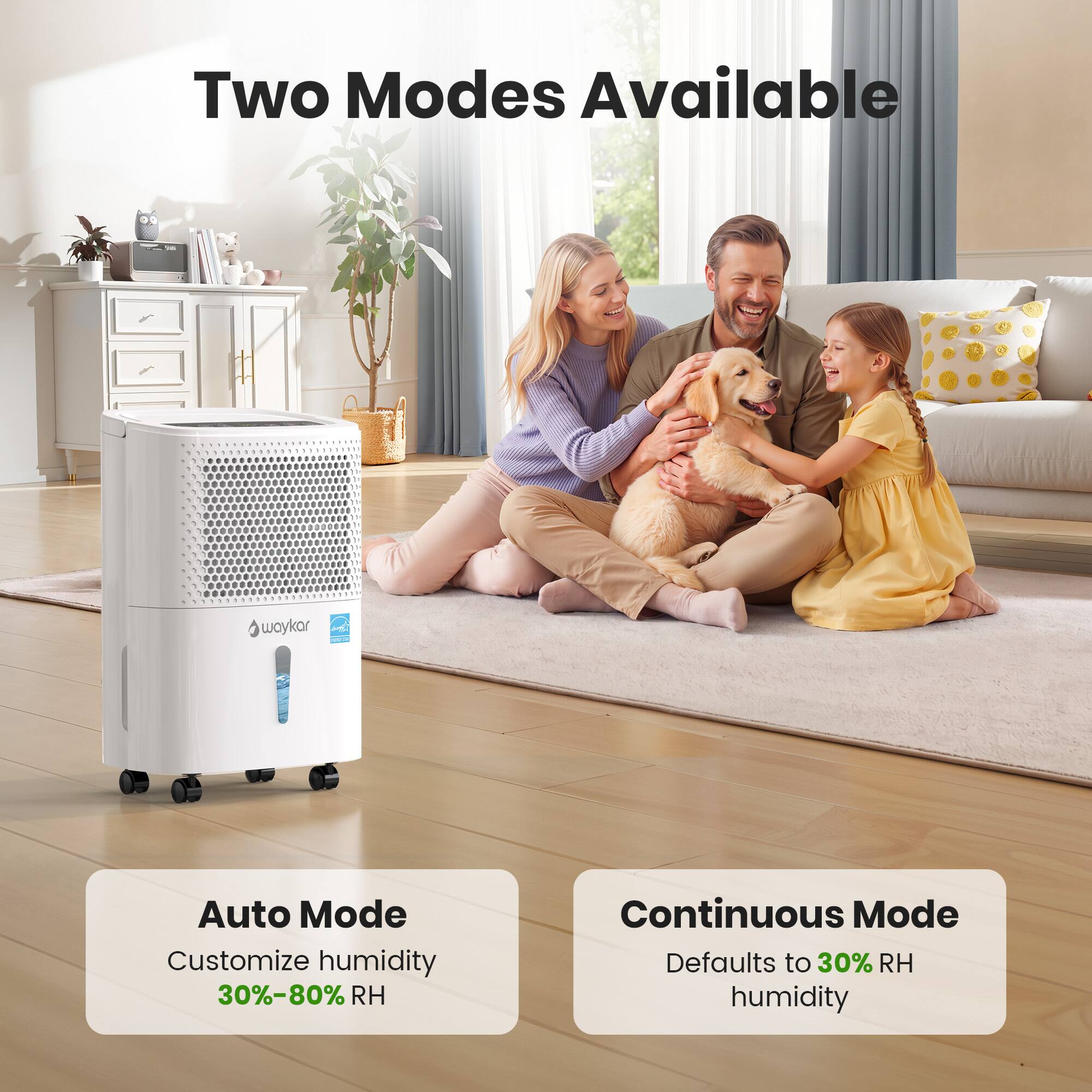 Two Modes Available

Auto Mode
Customize humidity 30%-80% RH

Continuous Mode
Defaults to 30% RH humidity