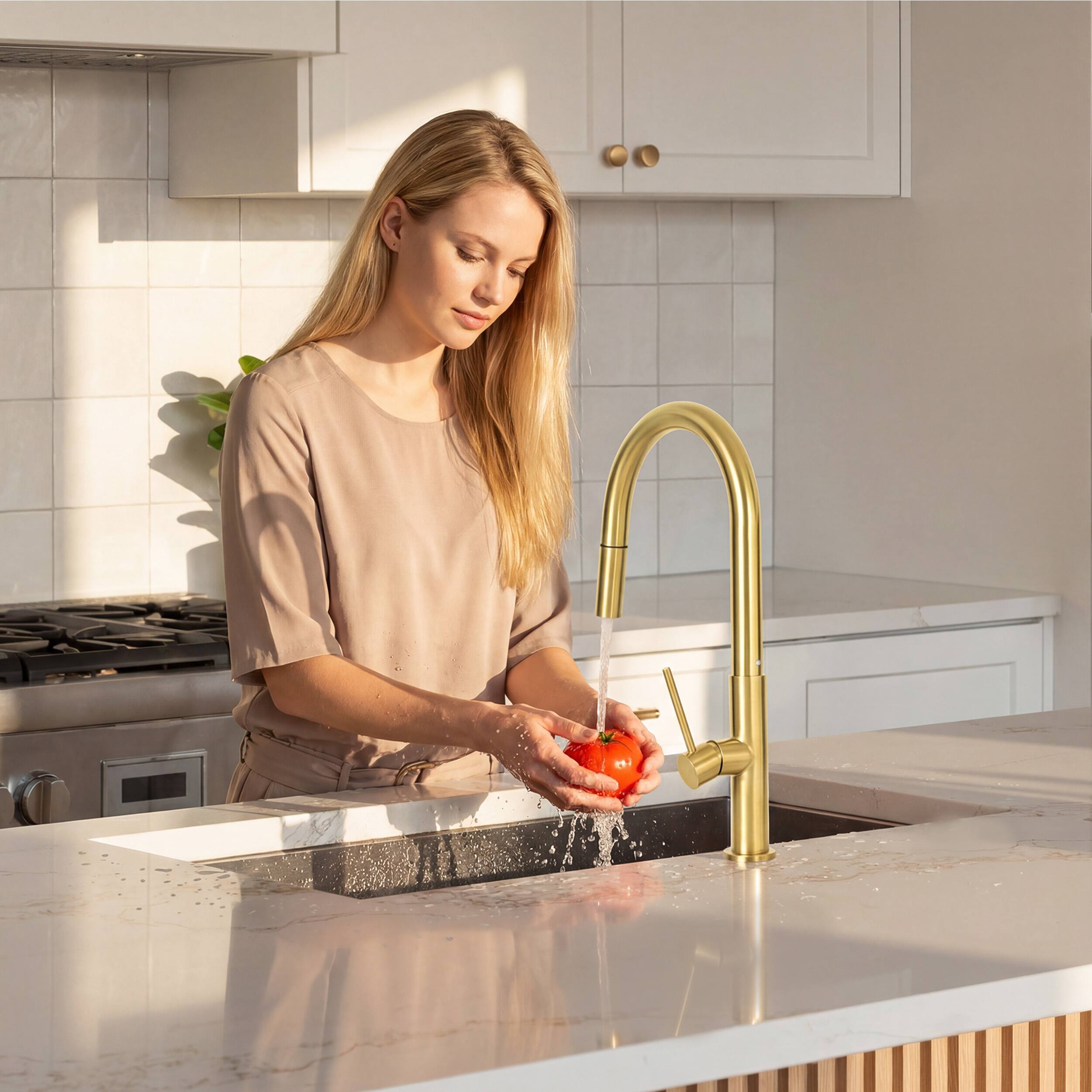 Alt View 7. Akicon - Akicon Dual-Function Pull Down Sprayer Stainless Steel Kitchen Faucet without Deck Plate in Brushed Gold - Brushed Gold.