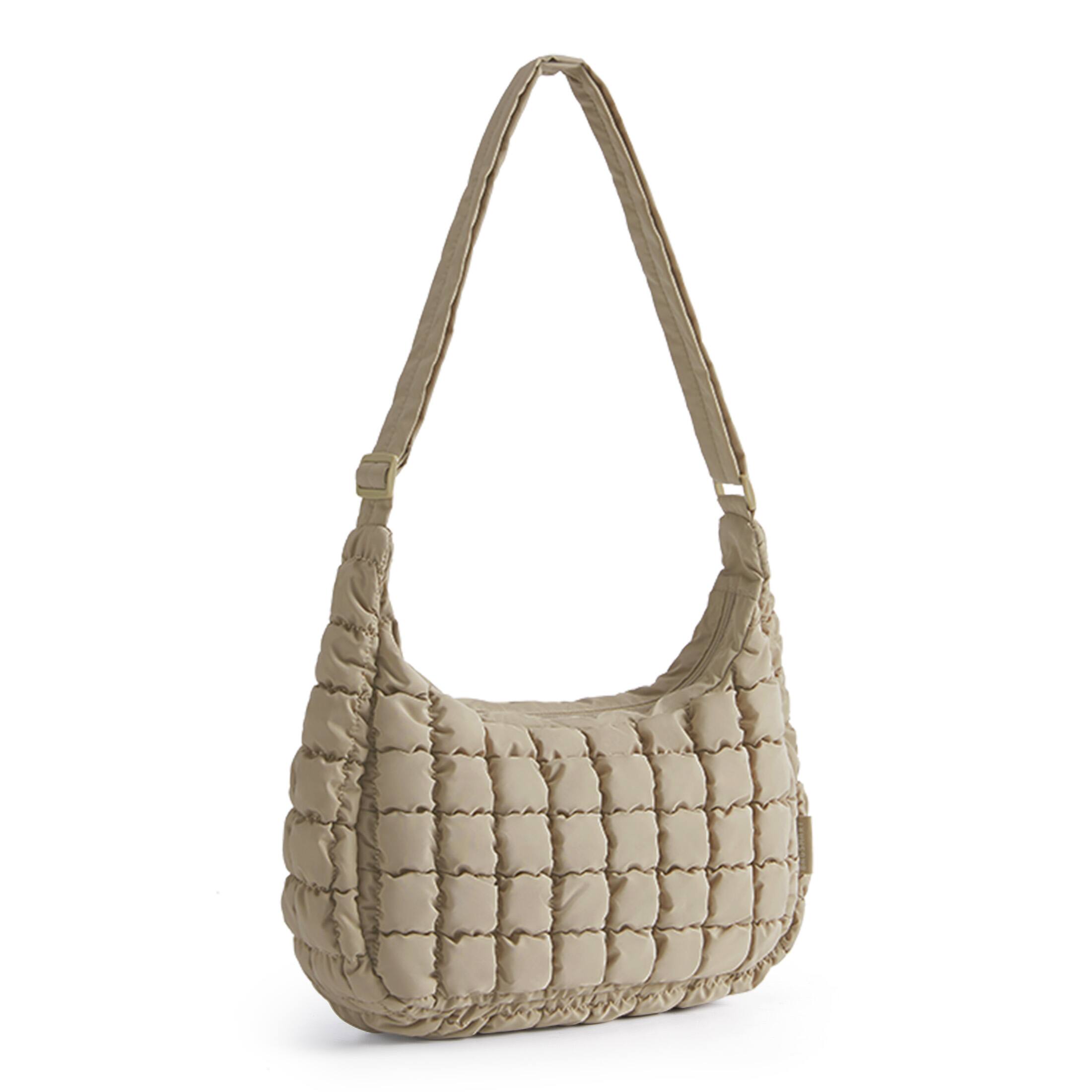 Angle. Bagsmart - Oversized Quilted Puffer Hobo Bag, Lightweight Crossbody with Adjustable Strap for Travel & Daily Use - Camel.