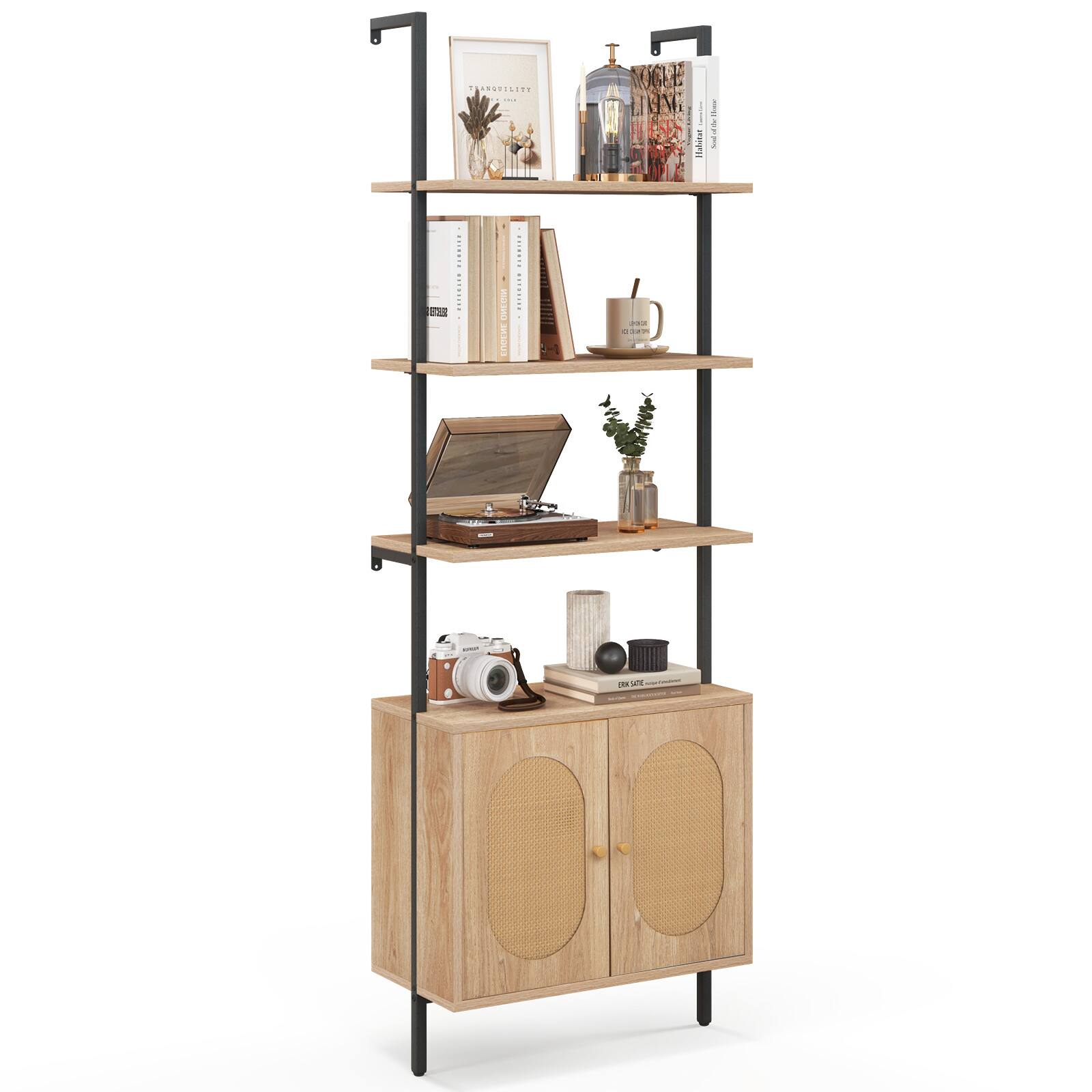 Ecooso - 71 Inch 6-Tier Wall Mounted Ladder Bookshelf with Rattan Cabinet - Natural