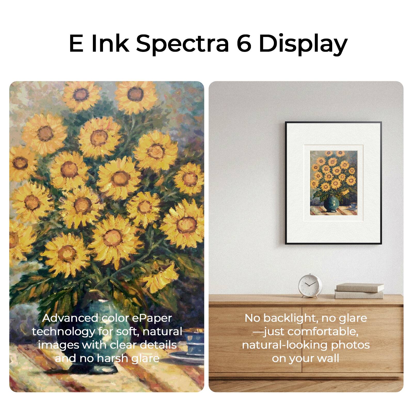 E Ink Spectra 6 Display

Advanced color ePaper technology for soft, natural images with clear details and no harsh glare

No backlight, no glare - just comfortable, natural-looking photos on your wall