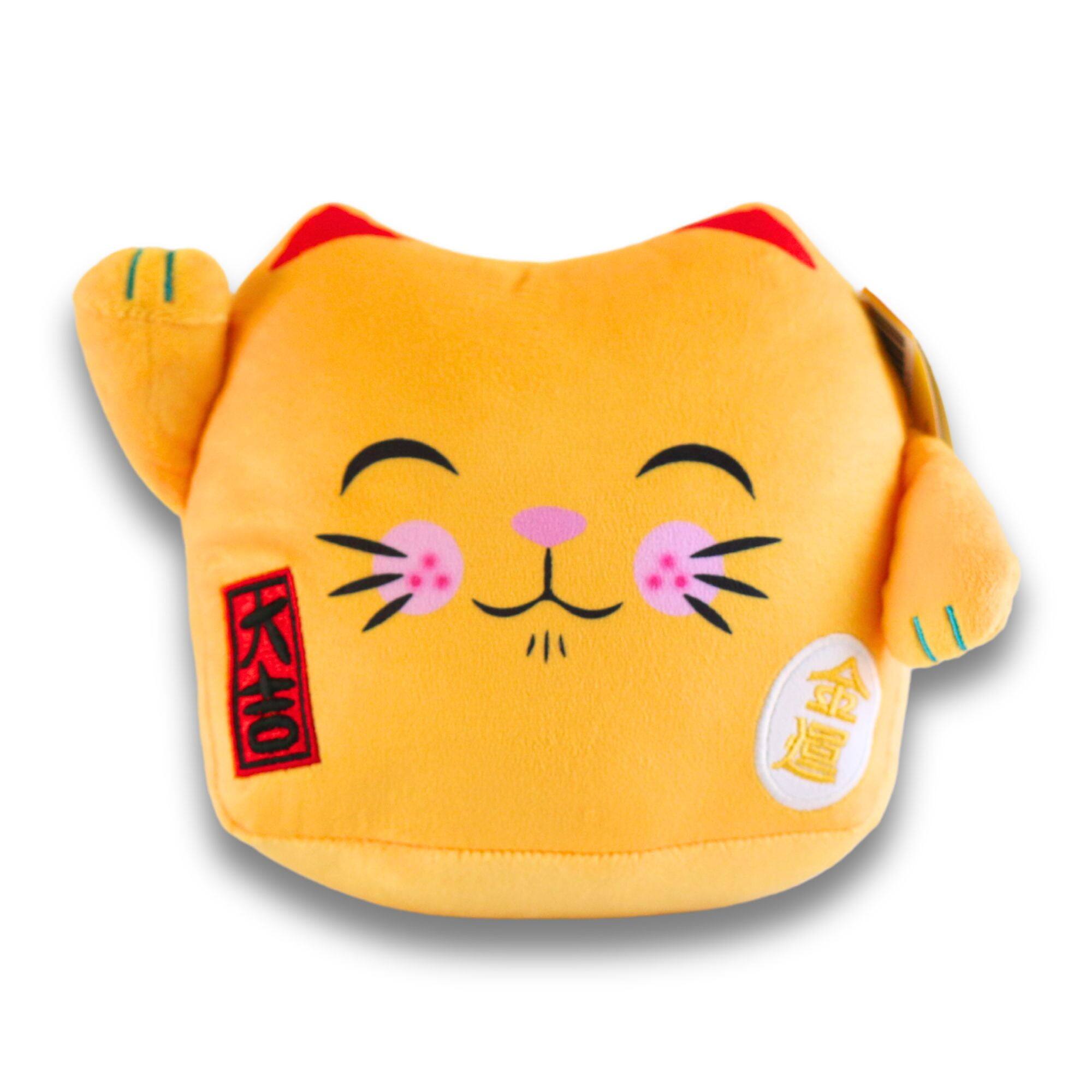Front. Maneki Neko - Maneki Neko Printed Cushion Soft Velboa 8 inch / 20cm x 21cm Gold Closed Eye.