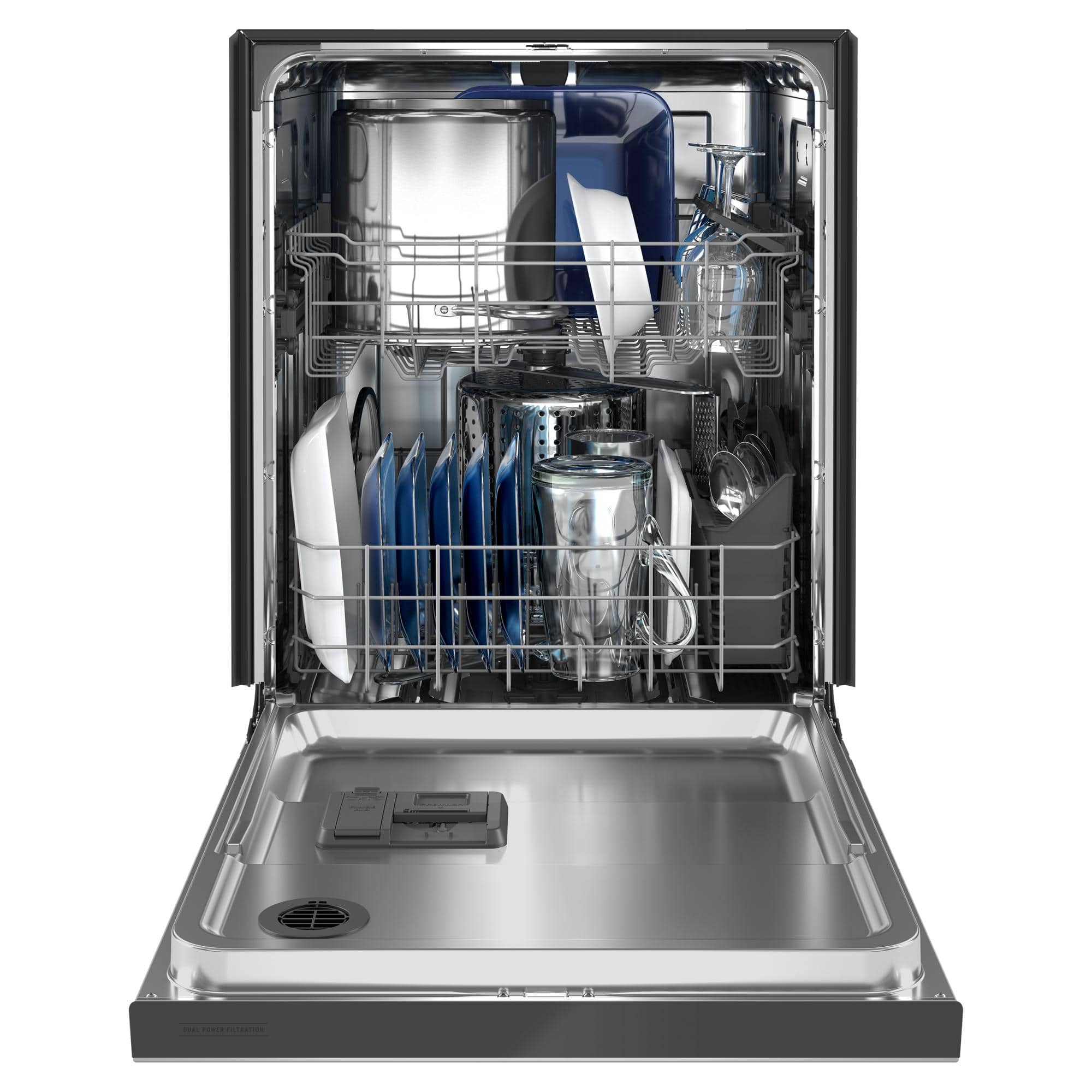 Left. Maytag - 24" Front Control Built-In Stainless Steel Tub Dishwasher with Dual Power Filtration, PowerBlast Cycle, 50 dBA - Stainless Steel.