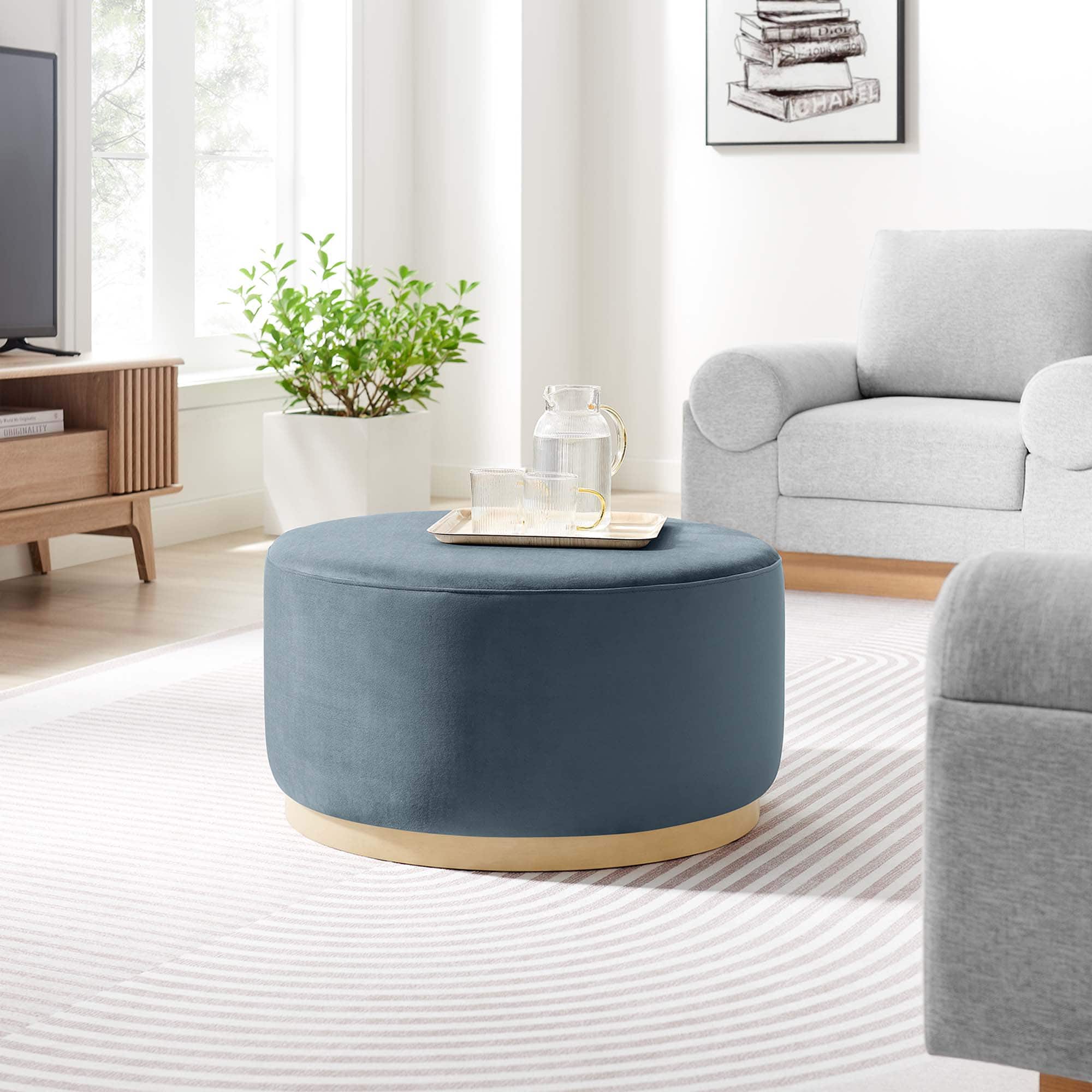 Tilden Large 29" Round Performance Velvet Upholstered Ottoman by Modway - Cadet Blue Natural