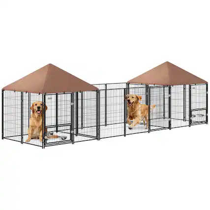 Front. Pawhut - Outdoor Dog Kennel with 2 Rooms, Rotating & Adjustable Height Bowls - Coffee.
