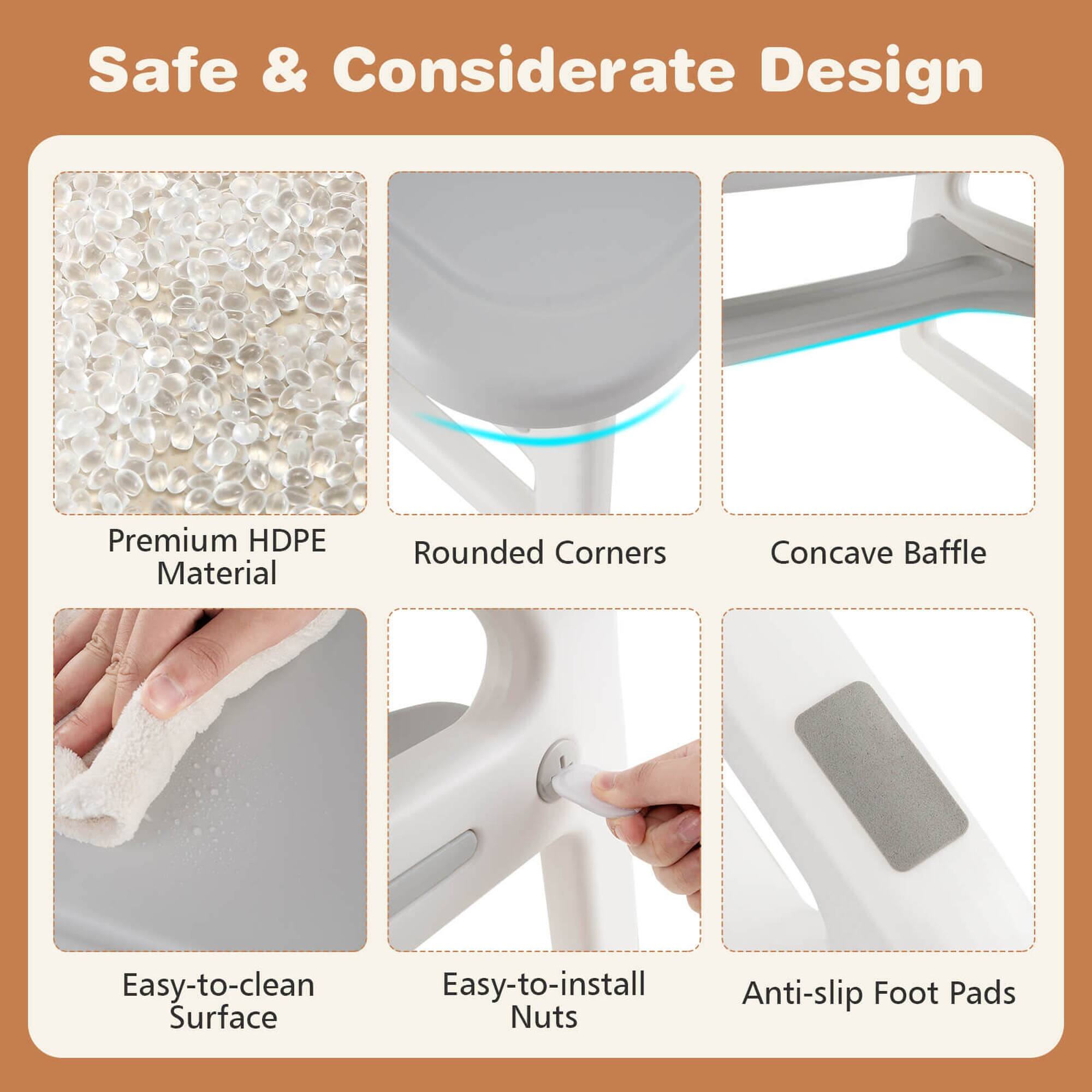 Safe & Considerate Design

- Premium HDPE Material
- Rounded Corners
- Concave Baffle
- Easy-to-clean Surface
- Easy-to-install Nuts
- Anti-slip Foot Pads