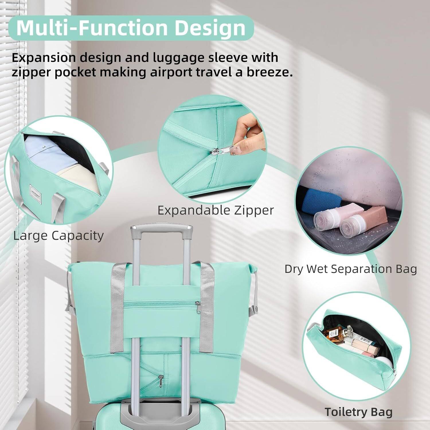 Multi-Function Design  
Expansion design and luggage sleeve with zipper pocket making airport travel a breeze.  

- Large Capacity  
- Expandable Zipper  
- Dry Wet Separation Bag  
- Toiletry Bag