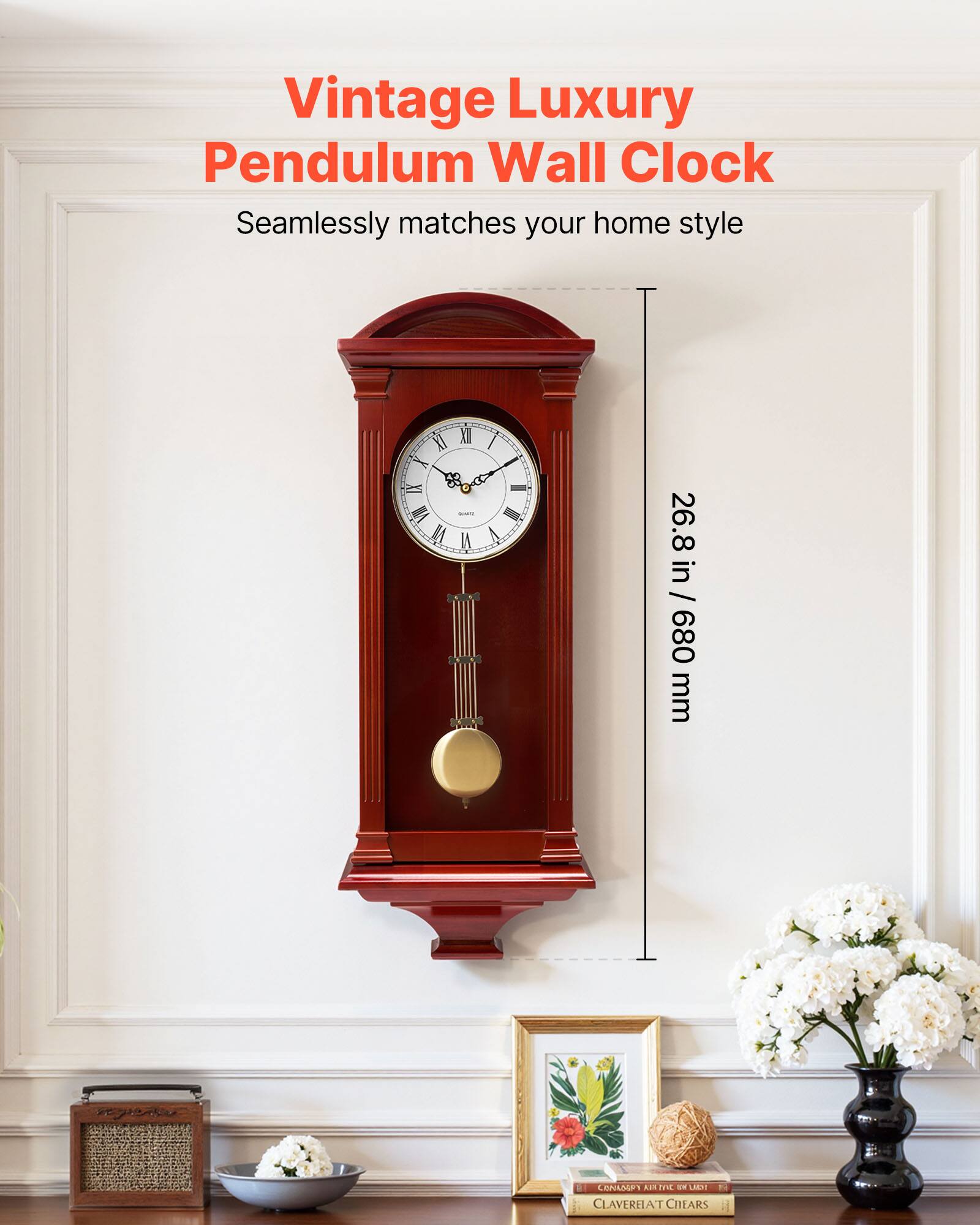 Vintage Luxury Pendulum Wall Clock - Seamlessly matches your home style. Dimensions: 26.8 in / 680 mm.