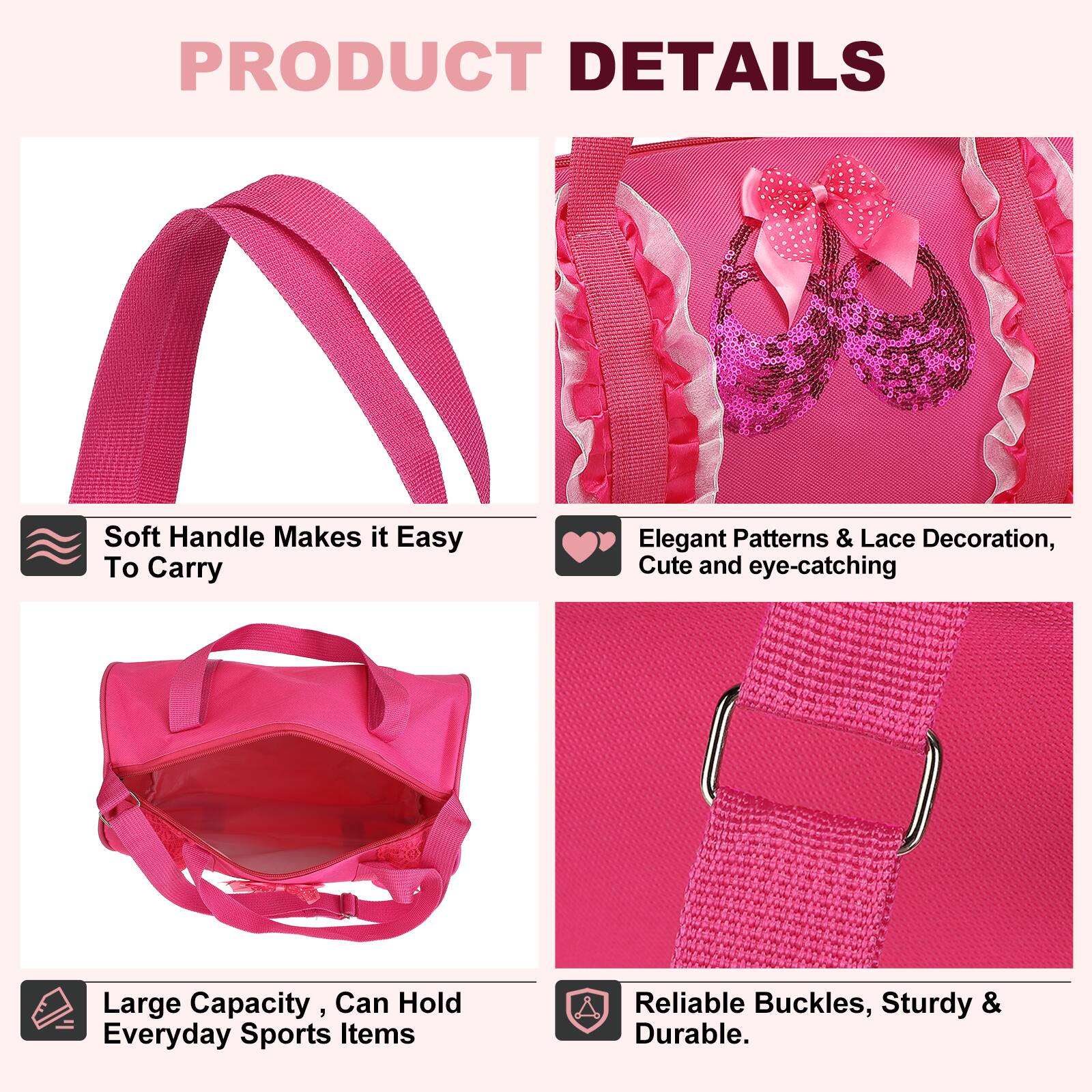 PRODUCT DETAILS

- Soft Handle Makes it Easy To Carry
- Elegant Patterns & Lace Decoration, Cute and eye-catching
- Large Capacity, Can Hold Everyday Sports Items
- Reliable Buckles, Sturdy & Durable