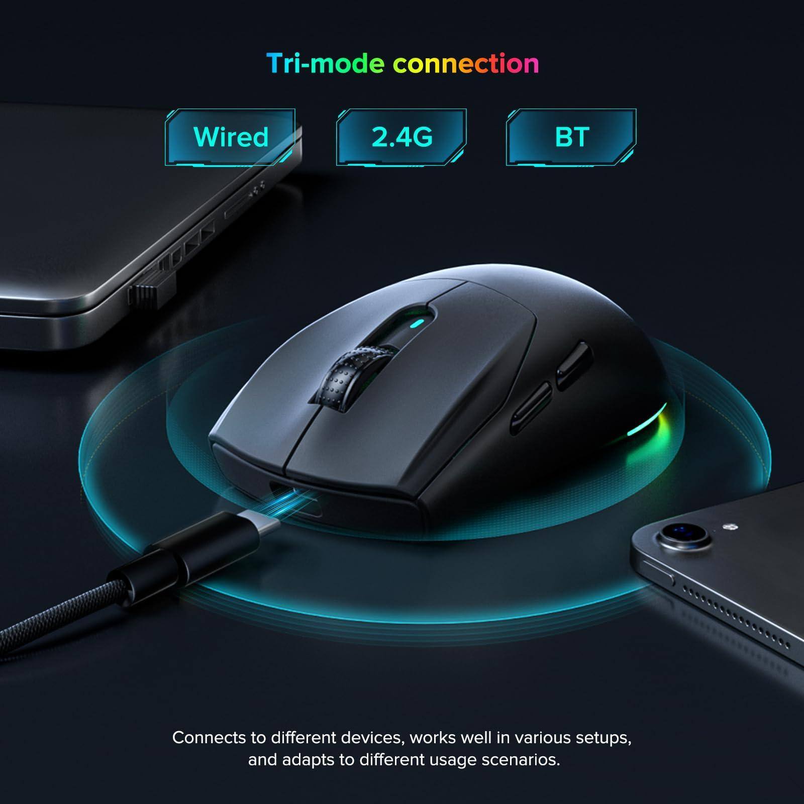 Tri-mode connection  
Wired 2.4G BT  

Connects to different devices, works well in various setups, and adapts to different usage scenarios.