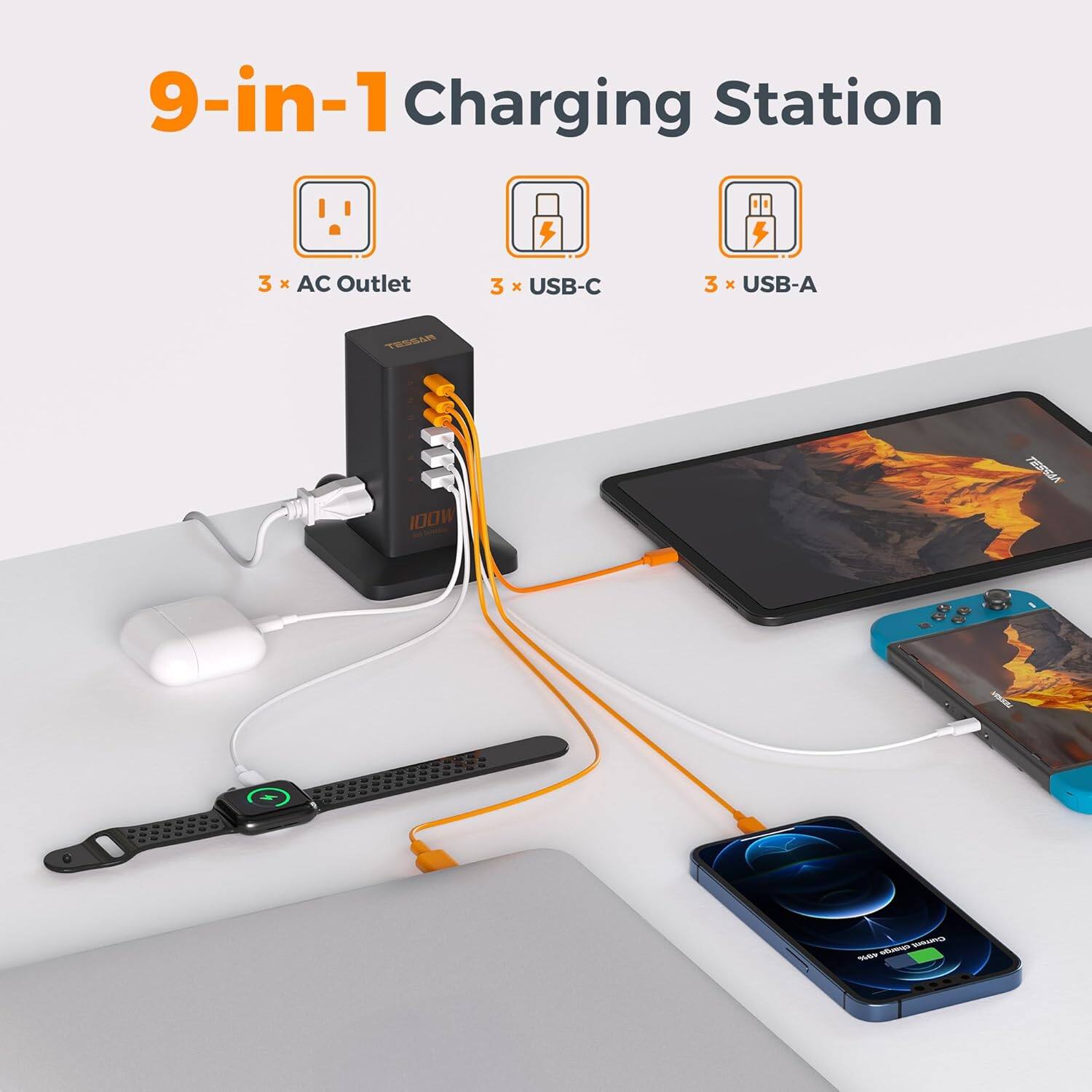 9-in-1 Charging Station  
3 x AC Outlet  
3 x USB-C  
3 x USB-A