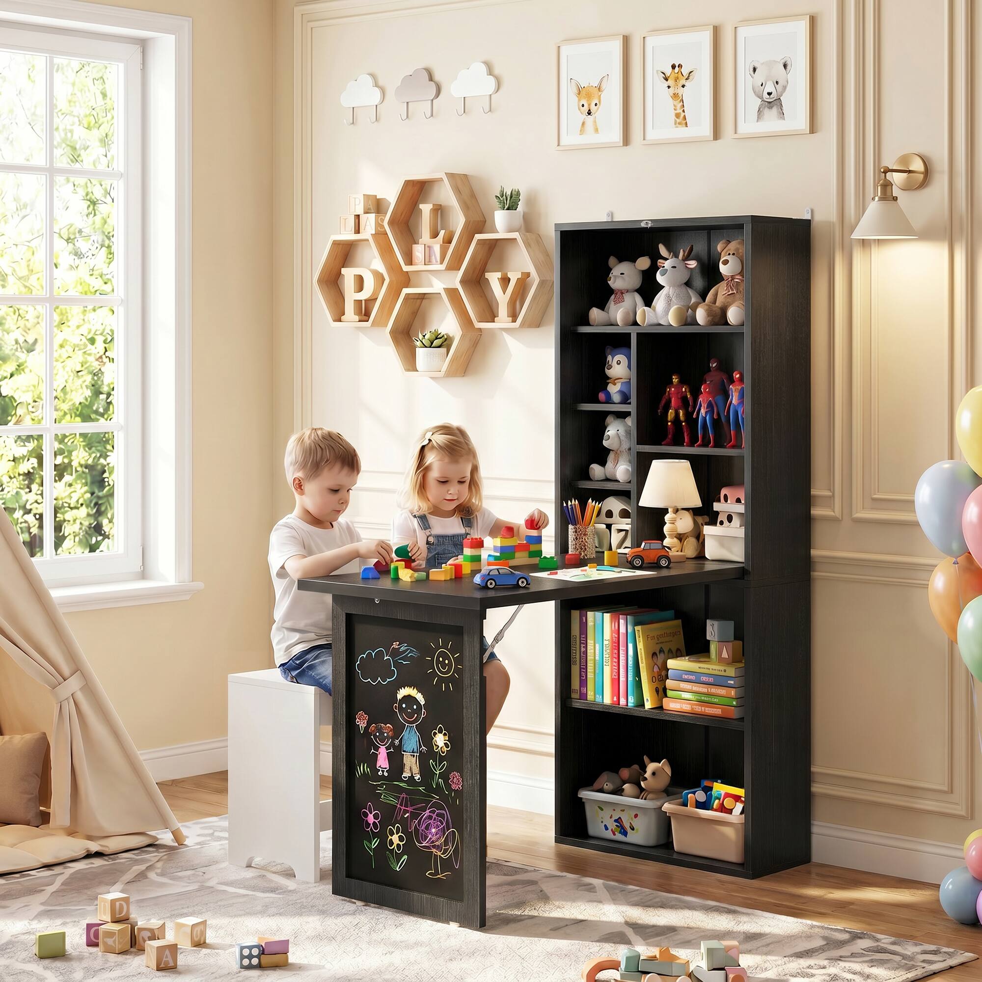 Alt View 1. Aheaplus - Foldable Compact Desk: Built-in Outlets & Blackboard, Space-Saving Workstation for Home Office/Craft Room - Black.
