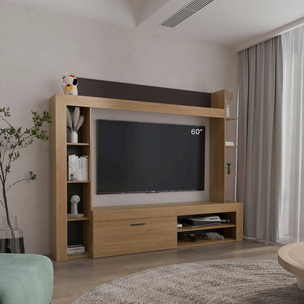 Alt View 3. TuHome - Entertainment Center and TV Stand with Open Below Shelves,Natural Oak with Black - Brown.