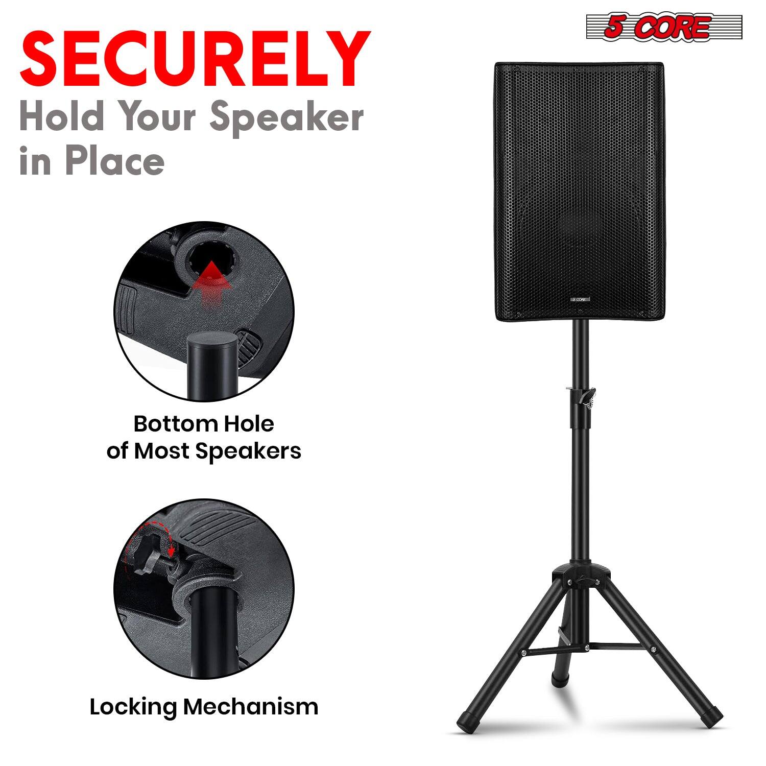 The text in the image can be grouped and corrected as follows:

- "SECURELY Hold Your Speaker in Place"
- "Bottom Hole of Most Speakers"
- "Locking Mechanism"

The corrected text is:

- "Securely Hold Your Speaker in Place"
- "Bottom Hole of Most Speakers"
- "Locking Mechanism"