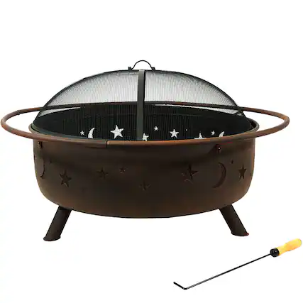 Front. Sunnydaze - 42 in Cosmic Steel Fire Pit with Spark Screen and Poker - Bronze.