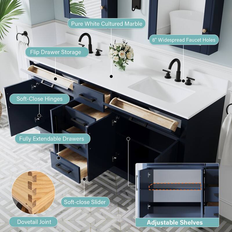 Pure White Cultured Marble  
8" Widespread Faucet Holes  
Flip Drawer Storage  
Soft-Close Hinges  
Fully Extendable Drawers  
Soft-close Slider  
Dovetail Joint  
Adjustable Shelves