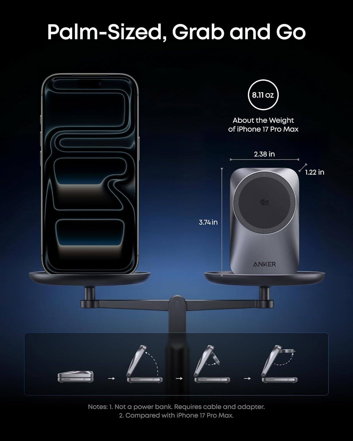 Palm-Sized, Grab and Go

8.11 oz  
About the Weight of iPhone 17 Pro Max

2.38 in  
1.22 in  
3.74 in

ANKER

Notes:  
1. Not a power bank. Requires cable and adapter.  
2. Compared with iPhone 17 Pro Max.
